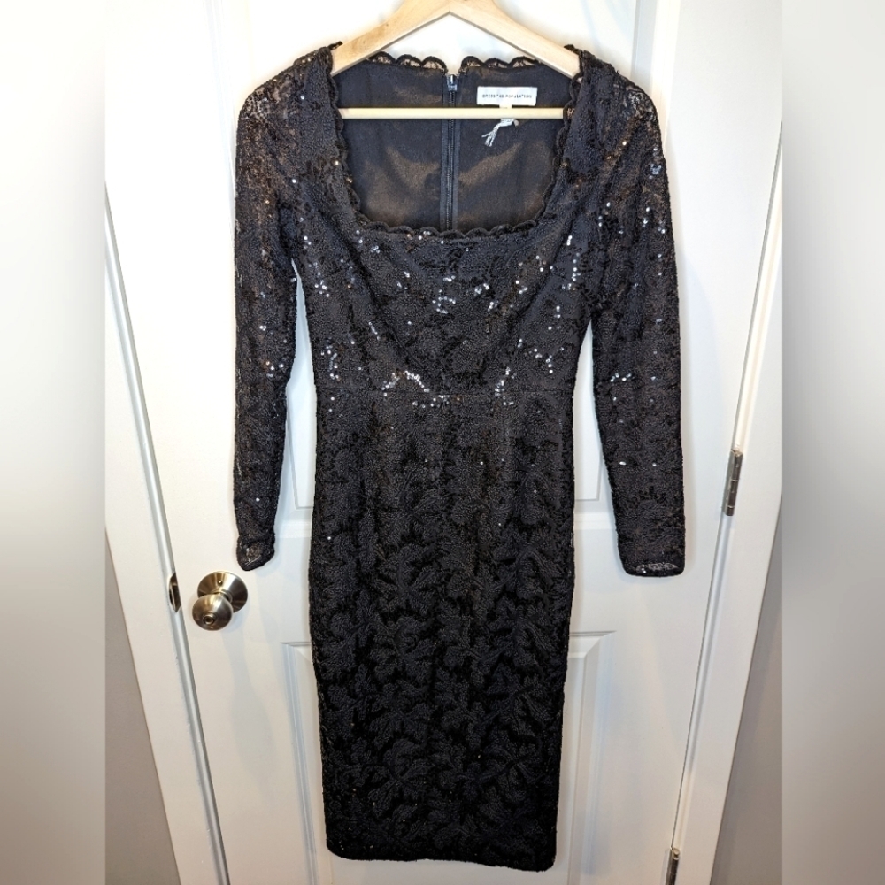 DRESS the Population Midi Dress Black Long Sleeve Sequins Square Neck XS